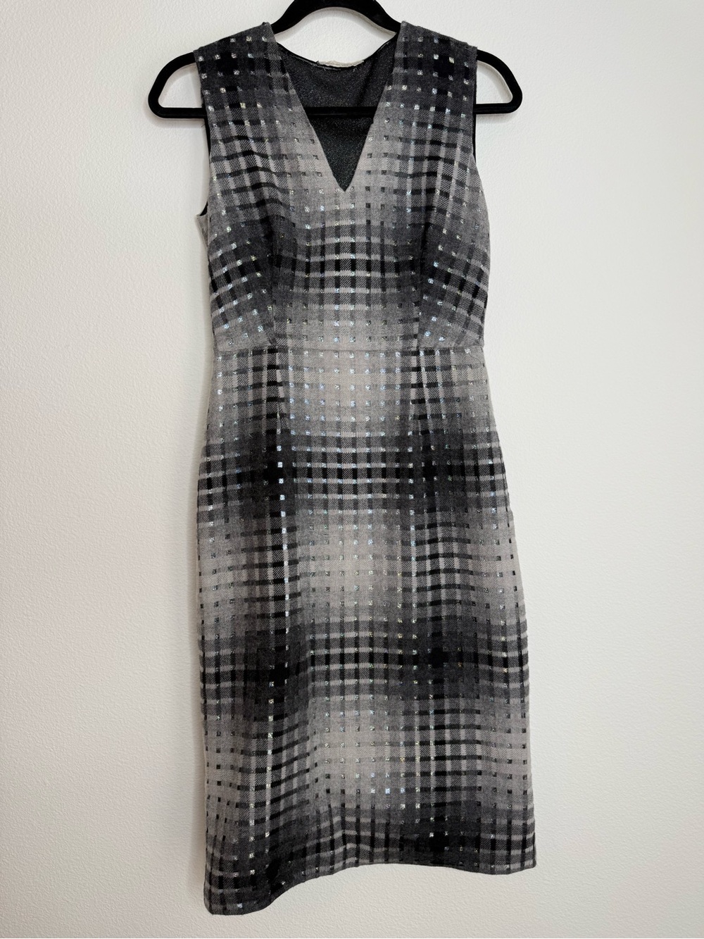 Marco de Vincenzo Gray Plaid Virgin Wool Over Metallic Sheath Dress Sz 40=US S